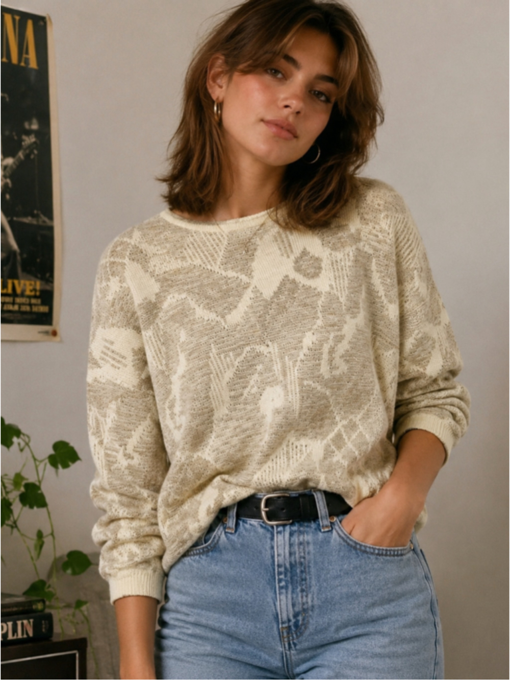 Vintage 90s Smart Set Metallic Gold Knit Crewneck Sweater Large
